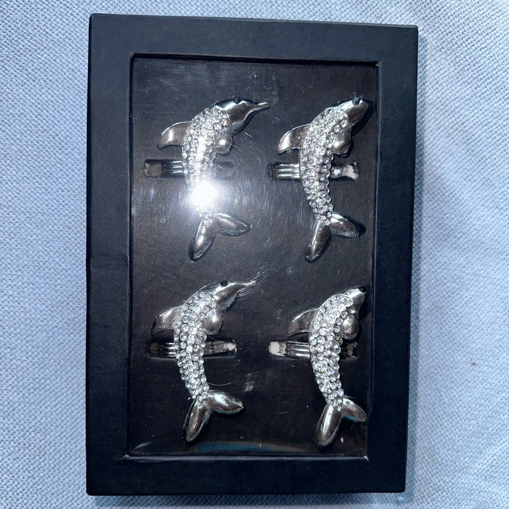 NIB Coastal Collection Dolphin Rhinestone Napkin Rings Silver Beach Decor Set